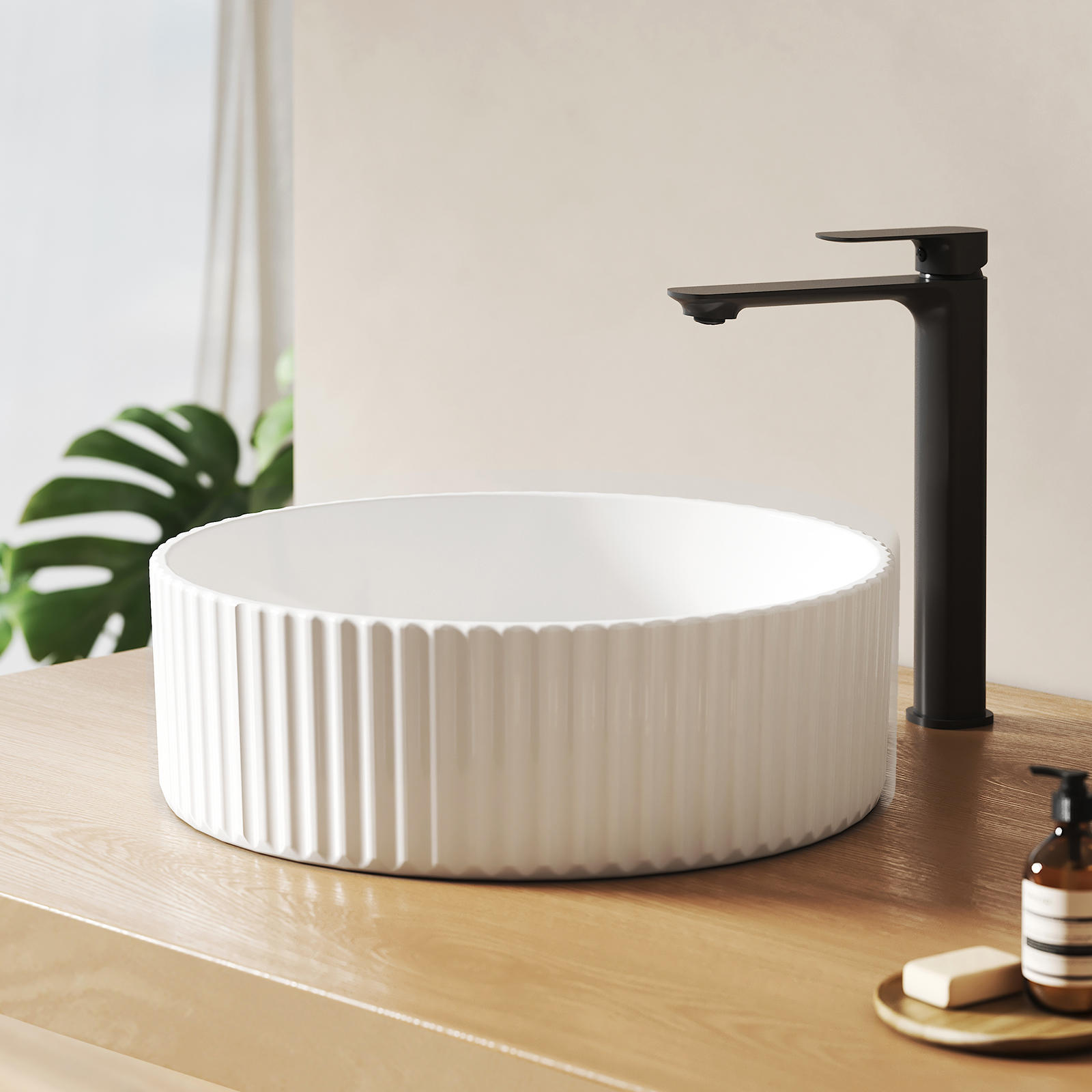 Emke lavabo redondo de encimera de cerámica 36x36x11.5cm, blanco brillante