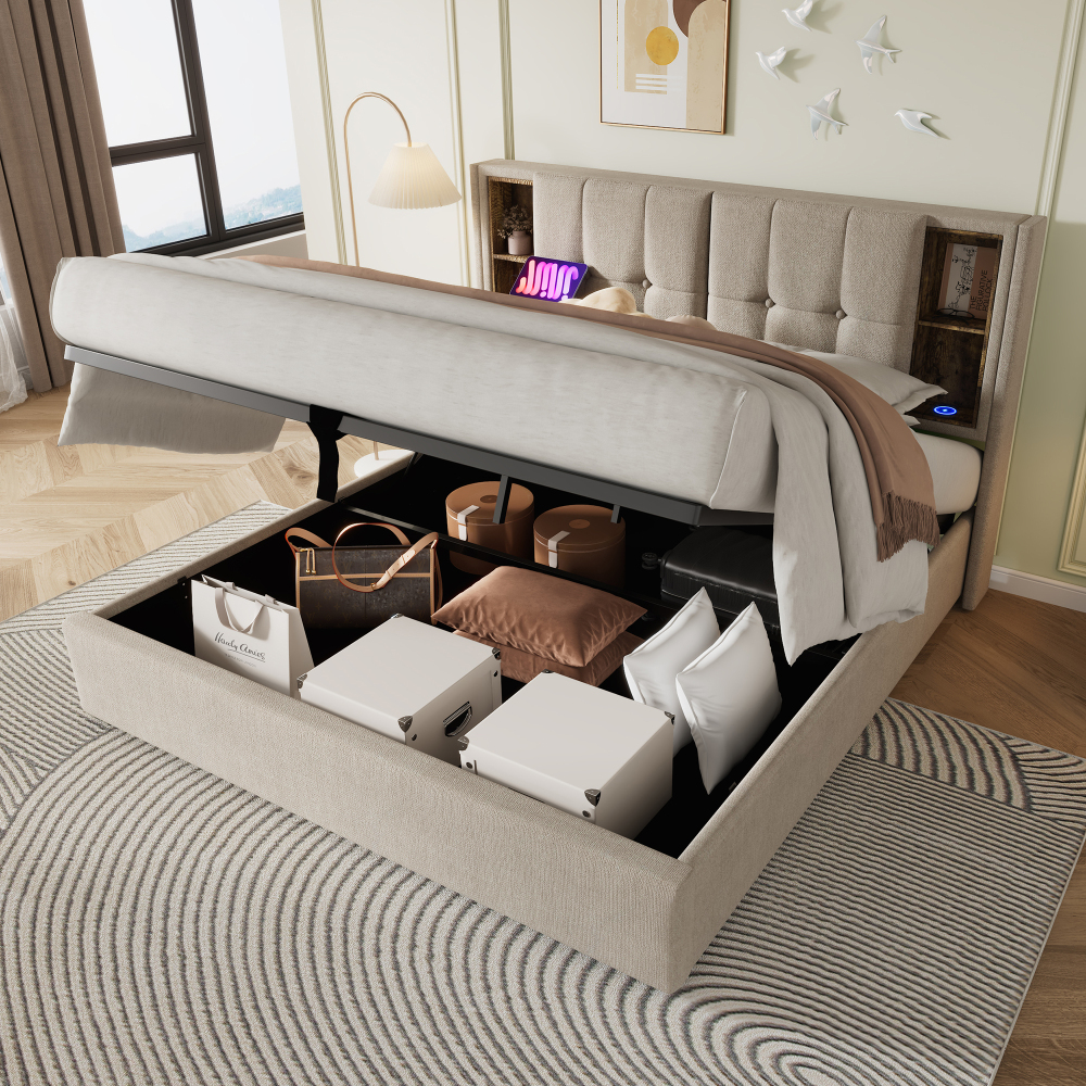 Cama tapizada 160x200cm con canapé hidráulico, usb-c lino – natural