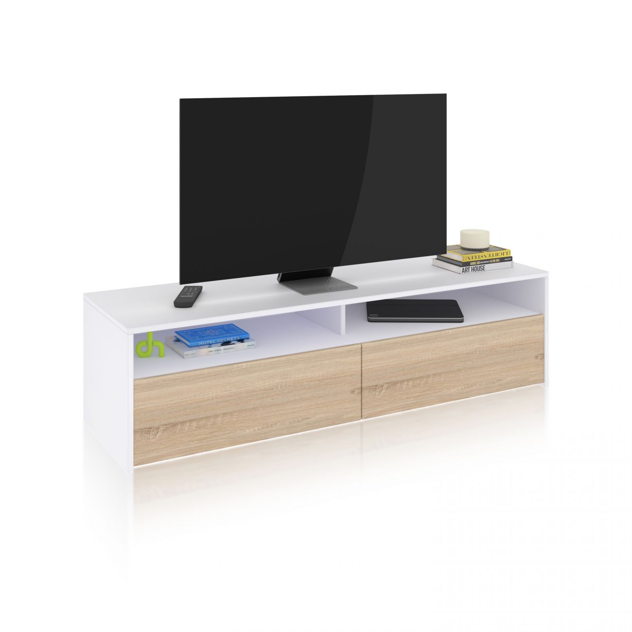 Mueble tv de 2 puertas y 2 estantes 139 cm elba blanco - roble