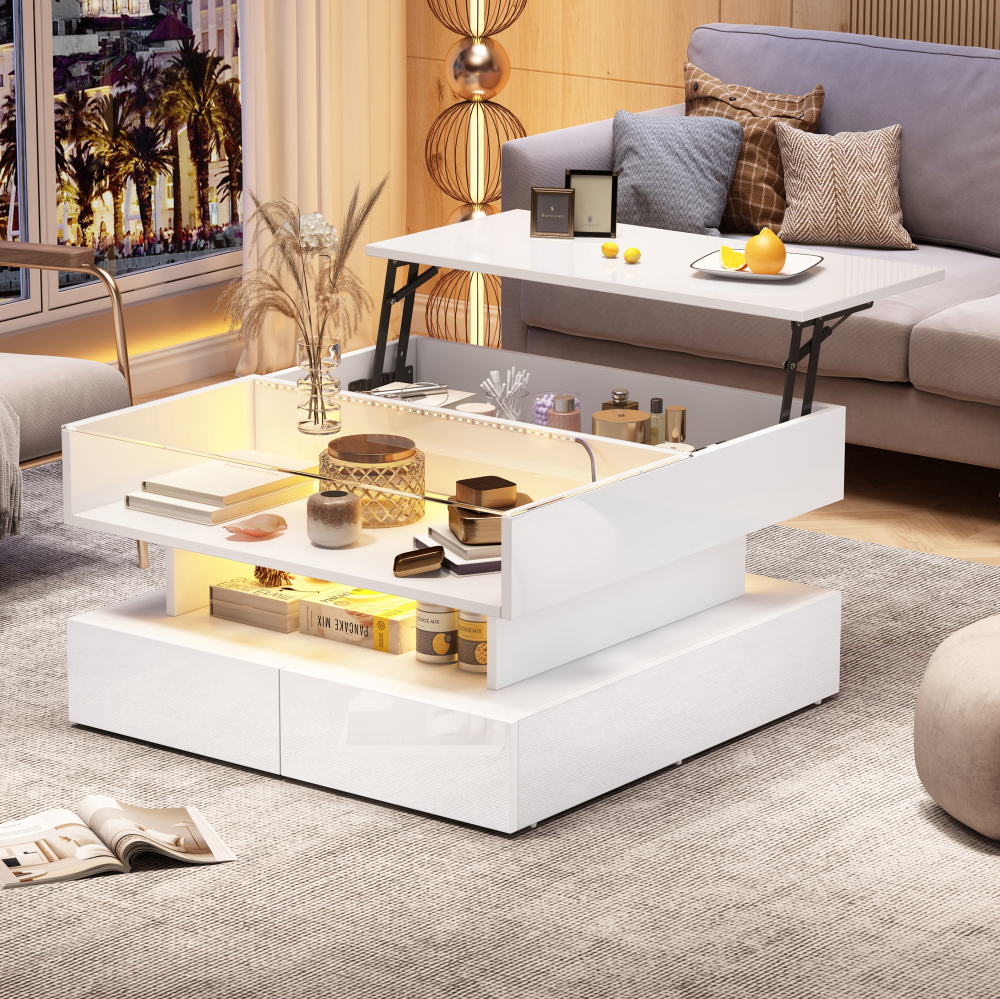 Mesa de centro elevable con LED cristal templado blanco 45x80x80cm