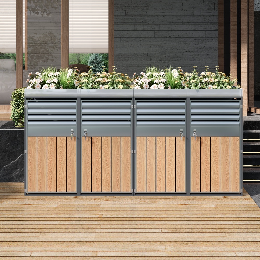 Armario para cubos con jardinera acero gris madera 4 puertas
