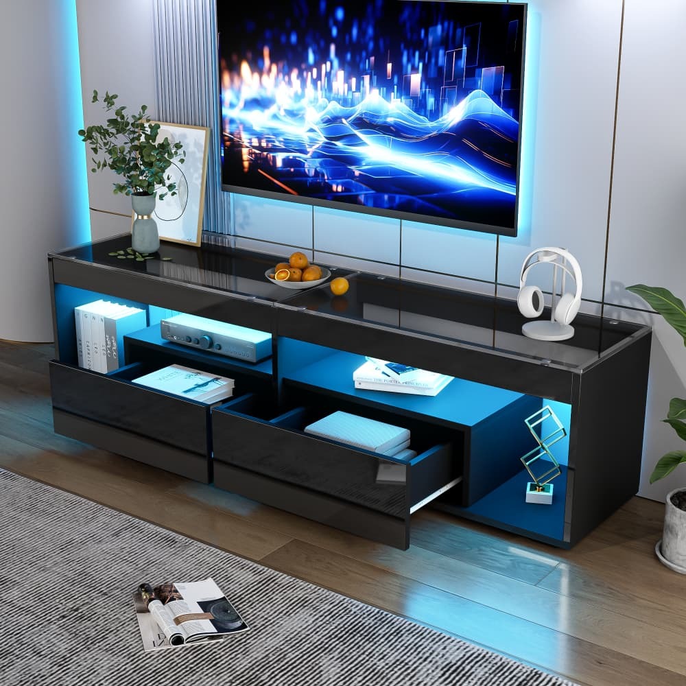Mueble de tv con LED y 2 cajones negro 46x180x40cm