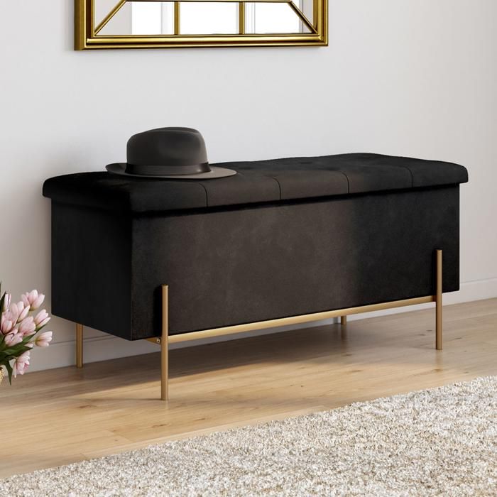 Banco baúl de terciopelo negro con patas doradas, 100 cm