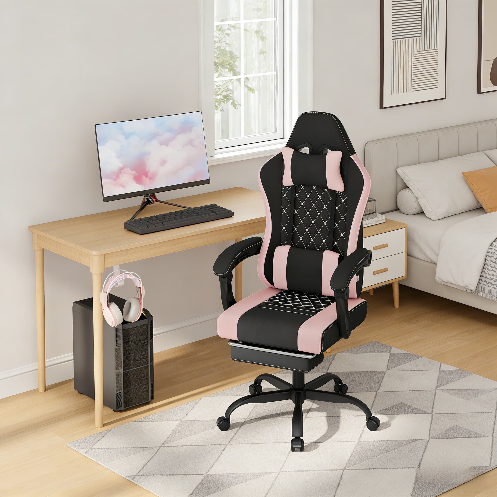 Silla ergonómica gaming tela malla negro rosa con masaje