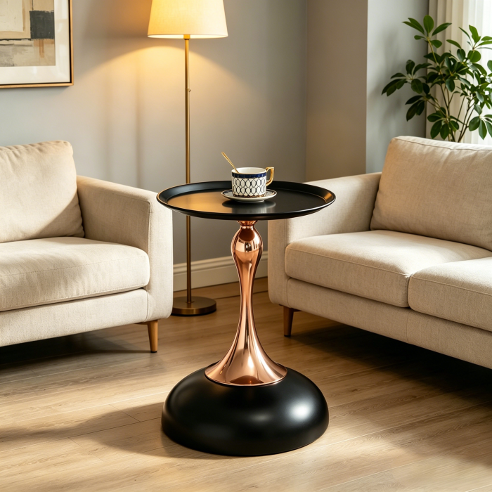 Mesa auxiliar redonda para salón dormitorio acero negro y dorado
