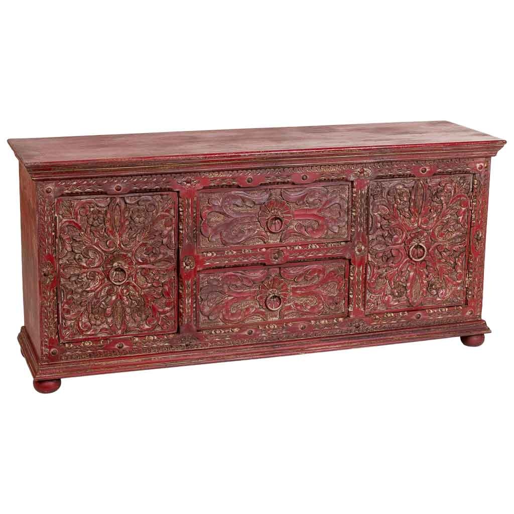 Aparador de madera artesanal rojo 165x45x76h cm