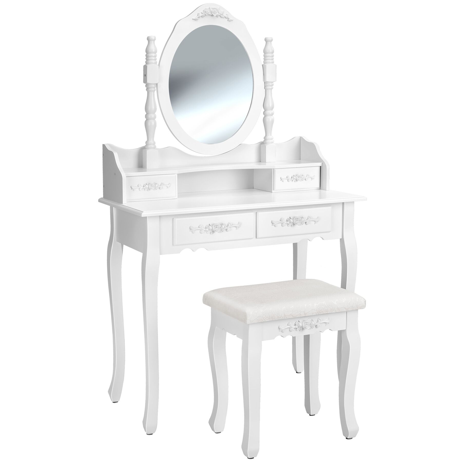 Tocador efecto antiguo con espejo, taburete y 4 cajones blanco