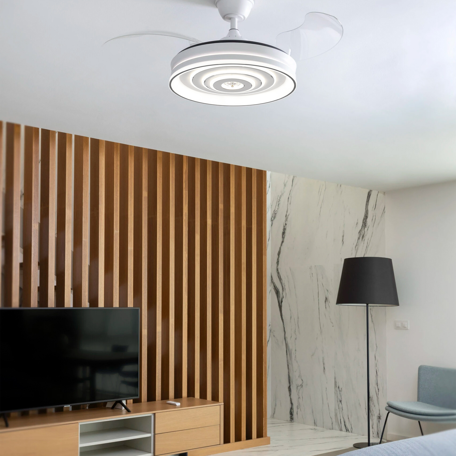 Ventilador de techo con luz cascade blanco, 4 aspas retráctiles