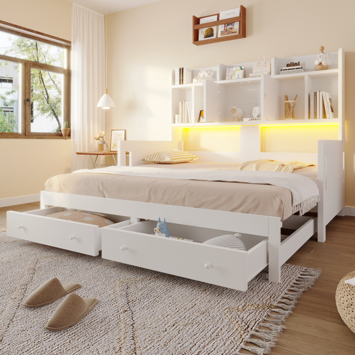 Cama extensible 90x190cm con almacenaje, LED y enchufes madera – blanco