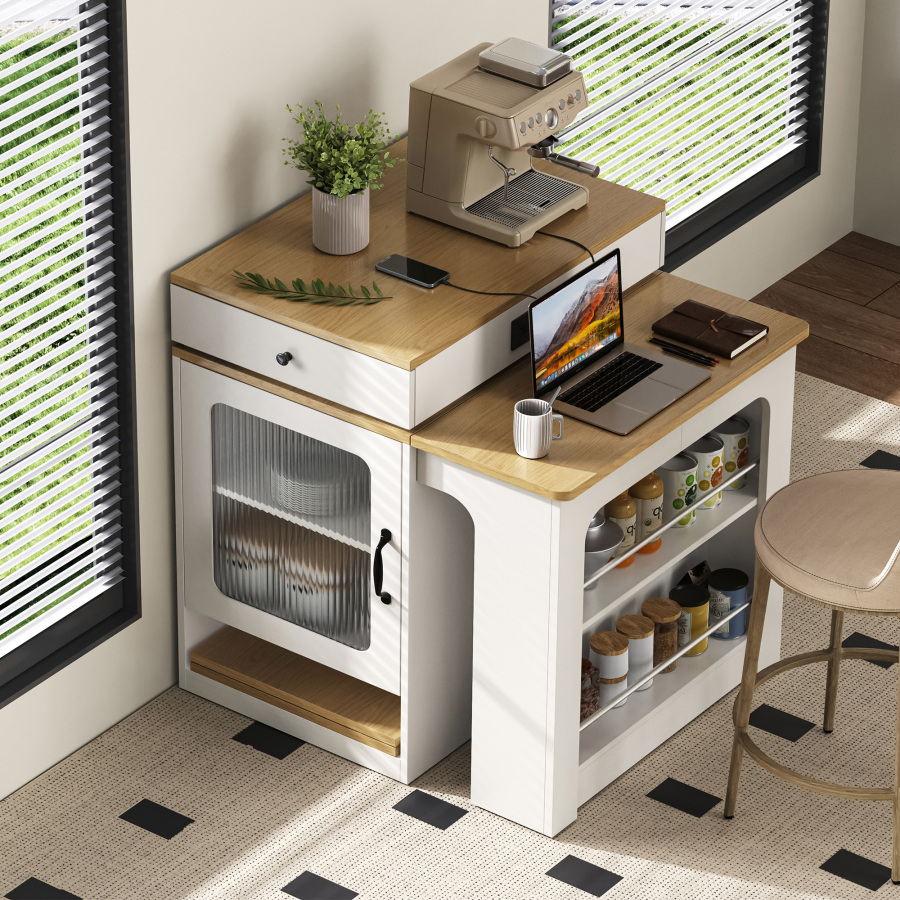 Isla de cocina con mesa extensible y enchufes blanco natural 92x80x71-151cm