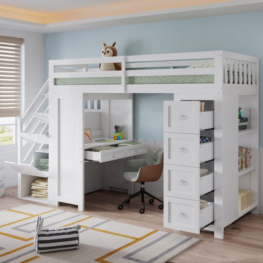 Cama alta 90x200cm con escritorio y espacios de almacenaje