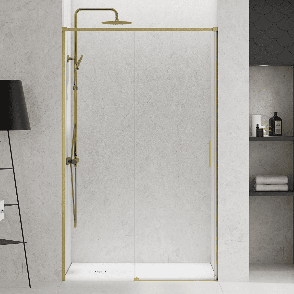 Mampara ducha frontal 1 puerta 1 fijo corredera| oro mate 140 cm