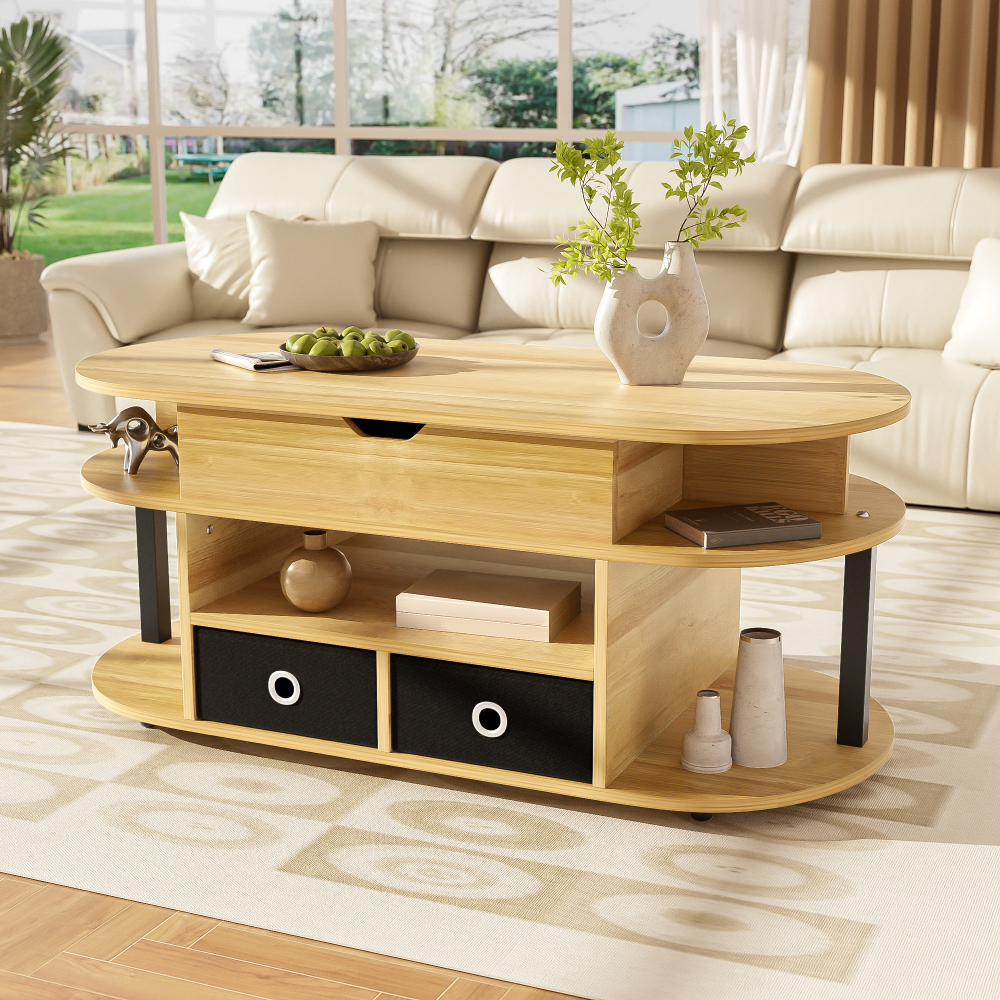 Mesa centro elevable negro madera con almacenaje