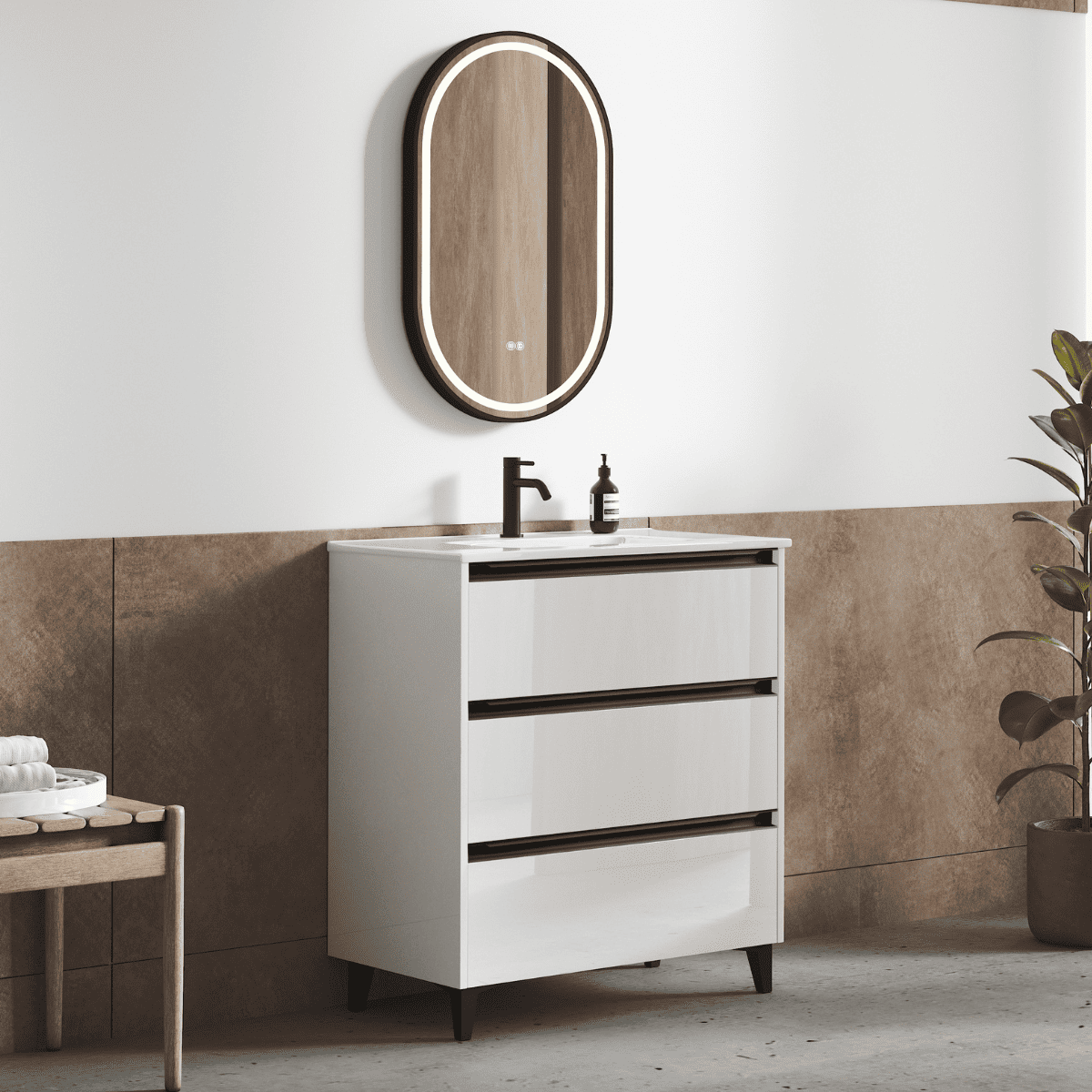 Mueble de baño lavabo cerámico | 3 cajones | 60 cm blanco brillo tir. Negro