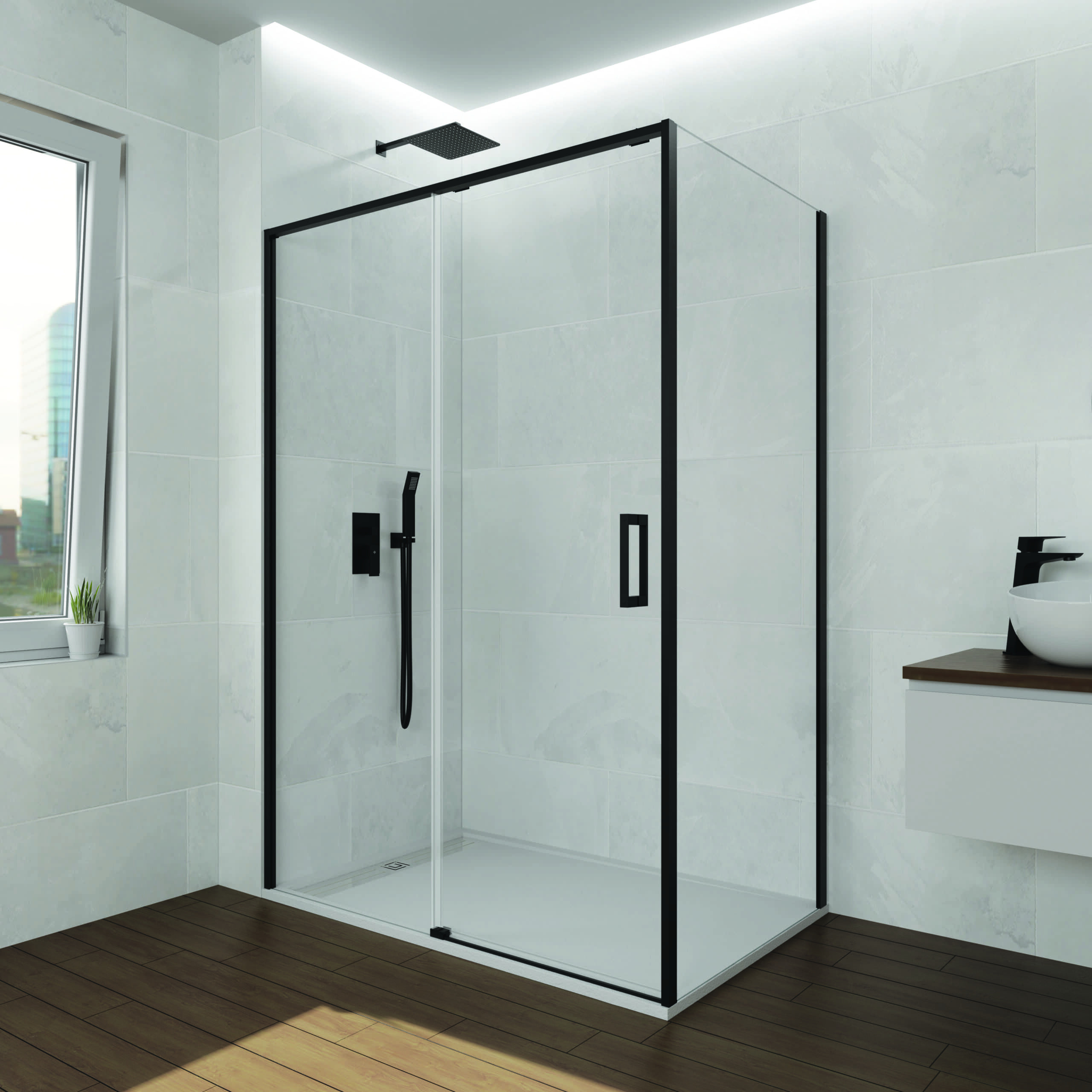 Mampara frontal 155-160 + lateral fijo 70 cm twenty negro rango 67-69