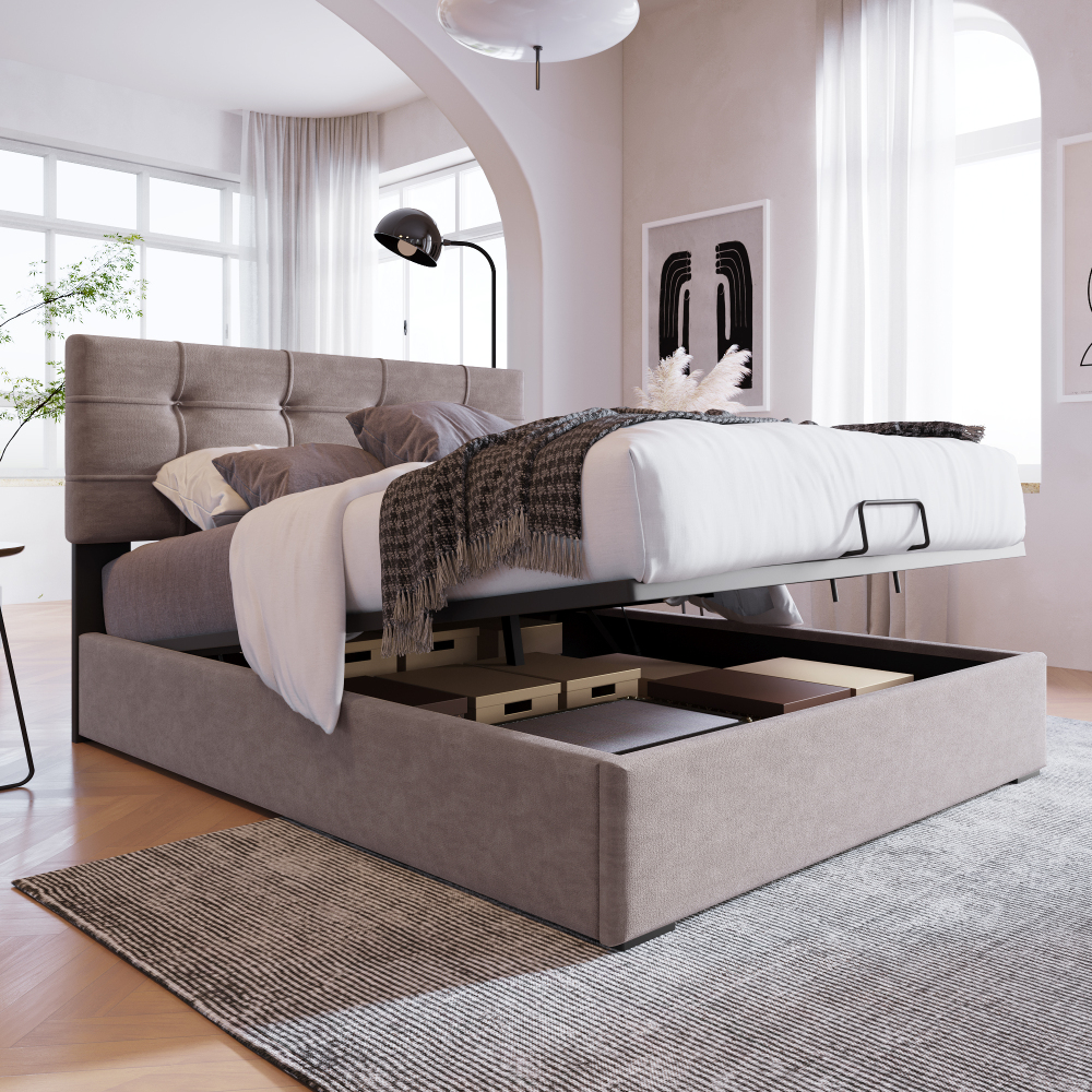 Cama tapizada 90x200cm con canapé hidráulico terciopelo – gris claro