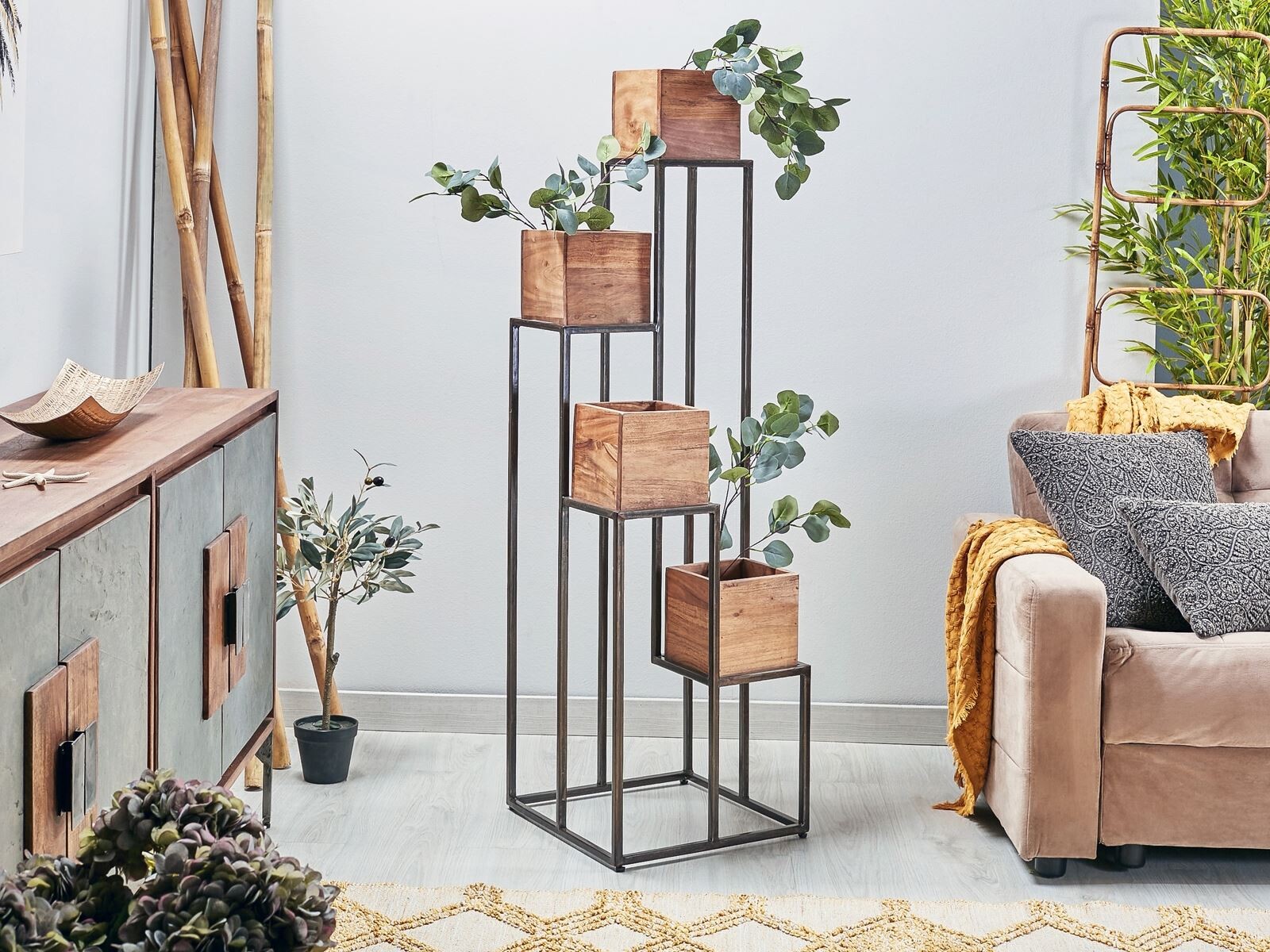 Macetero niveles acacia/metal 40x40x138 cms. 40x40x138 cms