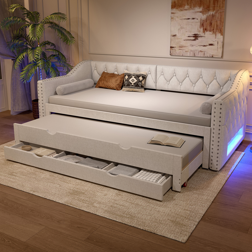 Cama tapizada 90x200 cm con cama nido, LED y 3 cajones mdf – color beige