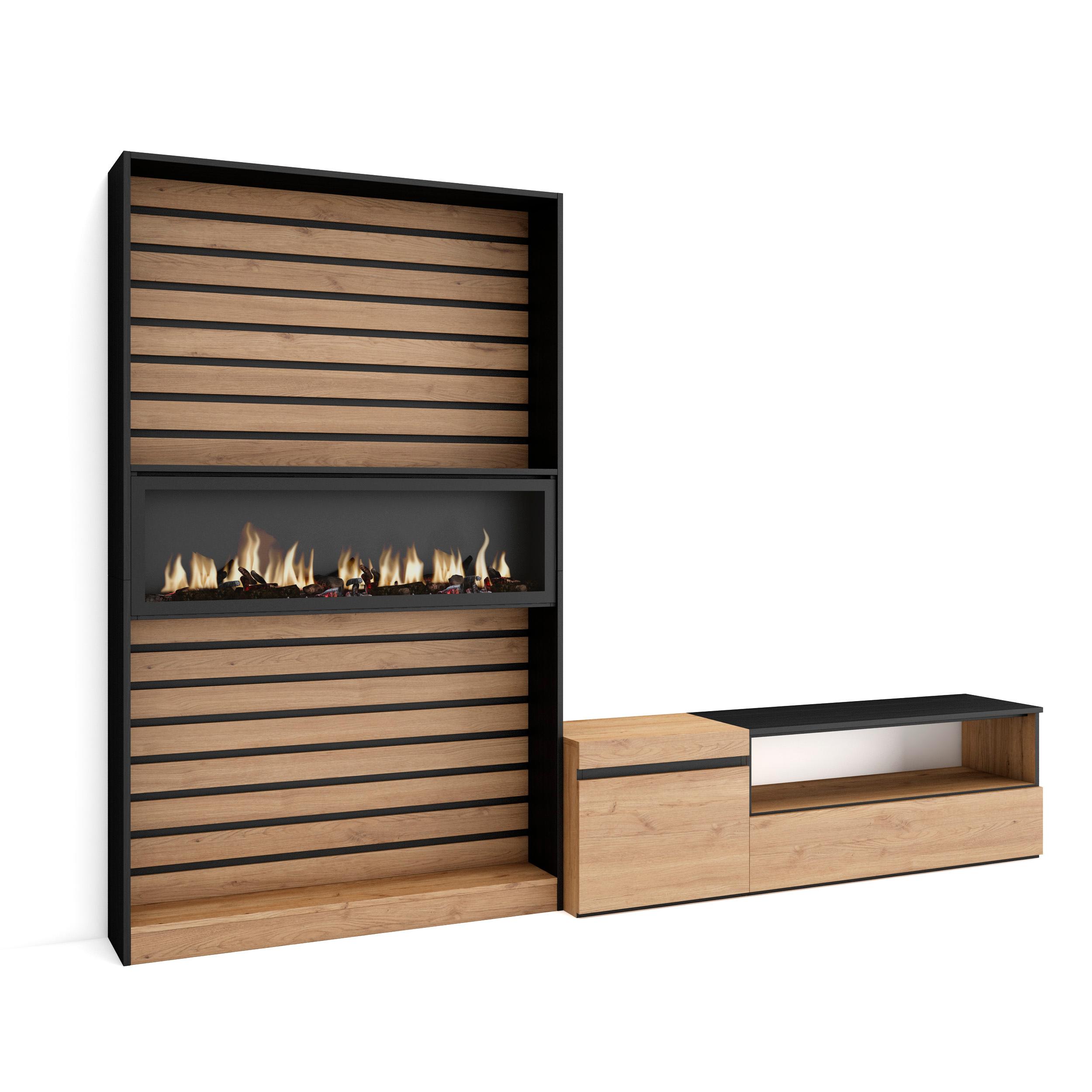 Muebles salón, 260x35x186cm, roble y negro, chimenea eléctrica xxl rf3158