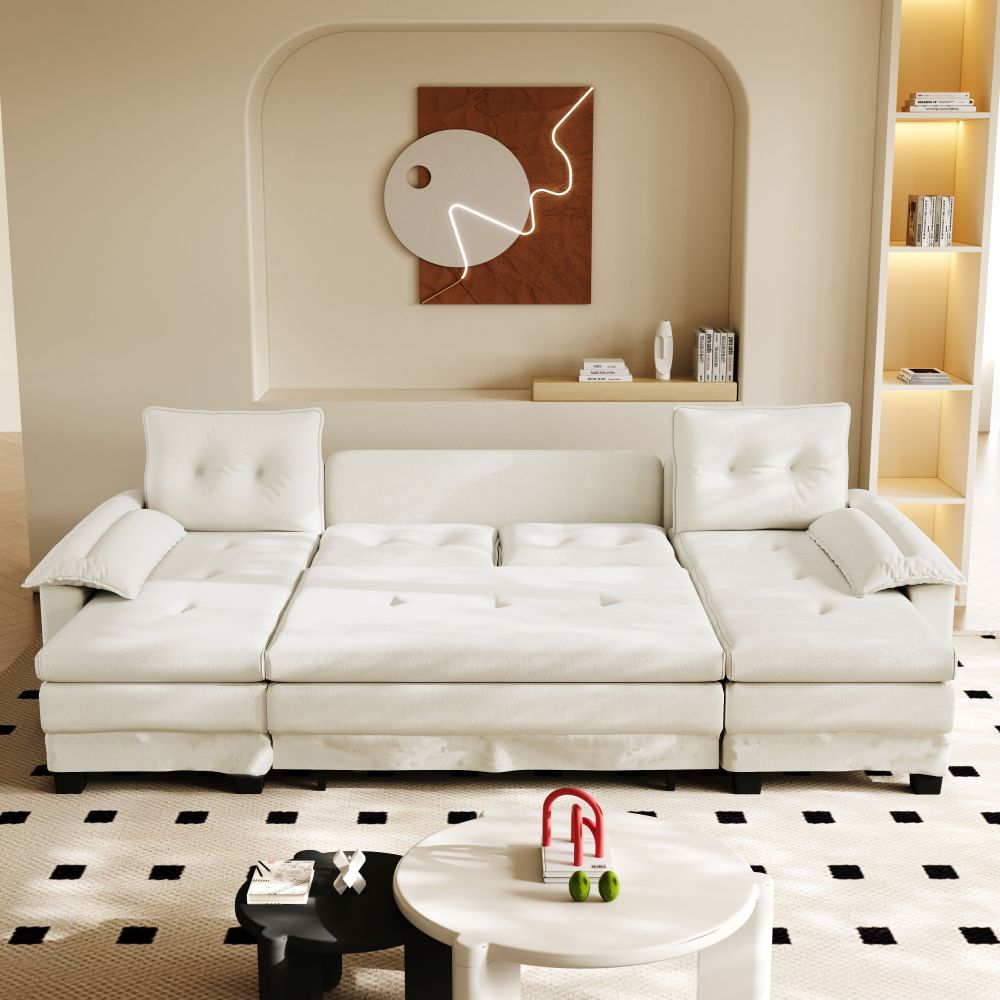 Sofá cama en u chenilla beige 4 plazas con usb