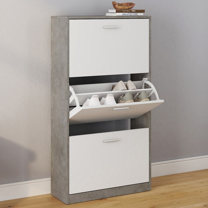 Mueble zapatero de hormigón blanco de 3 puertas, 60x24x113 cm