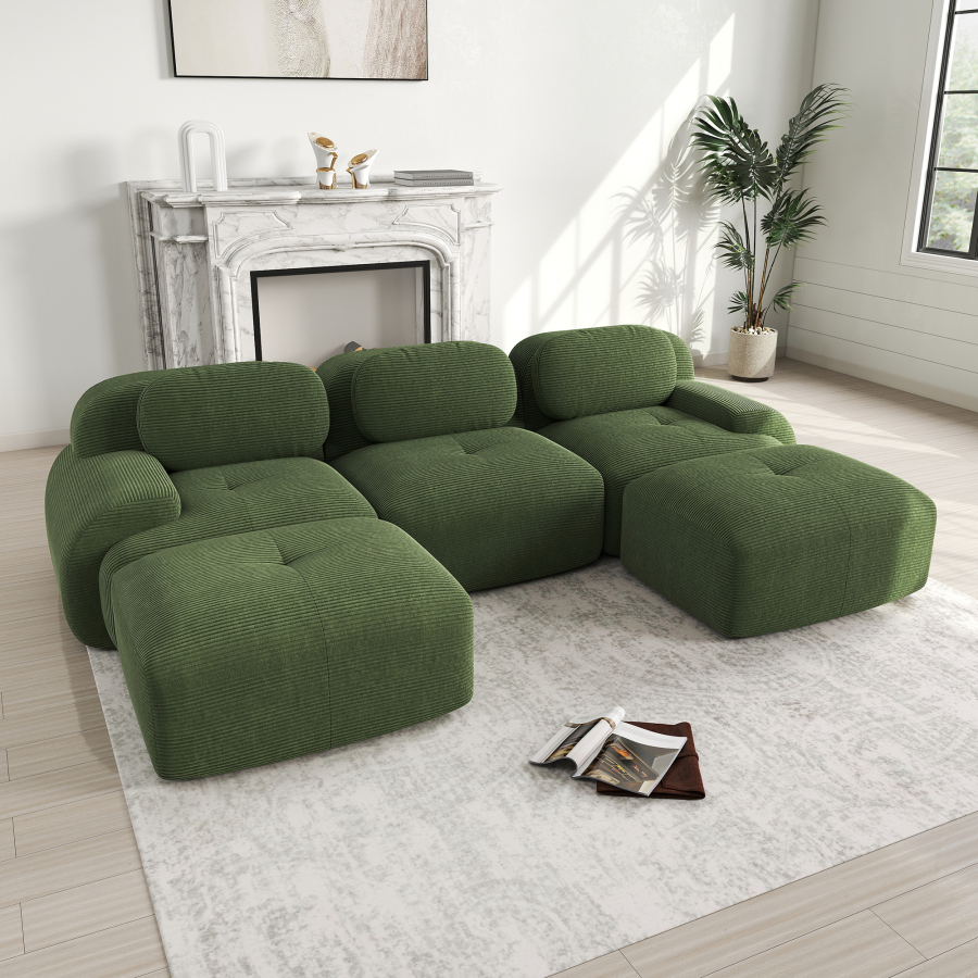 Sofá modular esquina pana verde sin estructura reposabrazos curvos
