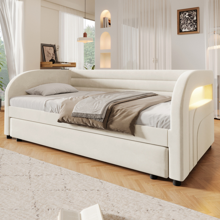 Cama tapizada 90x200cm con cama nido y luz LED franela – beige