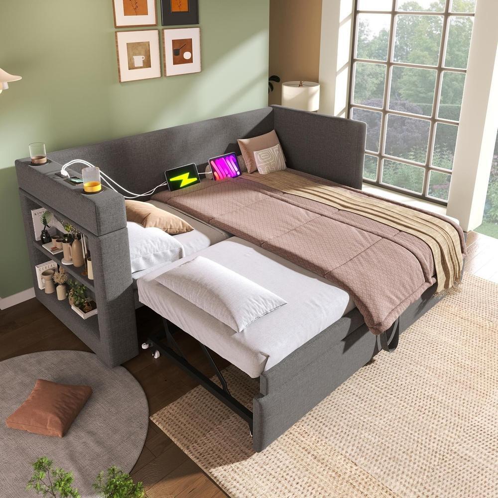 Cama nido 90x190cm, usb-c, portavasos y brazos reversibles, gris