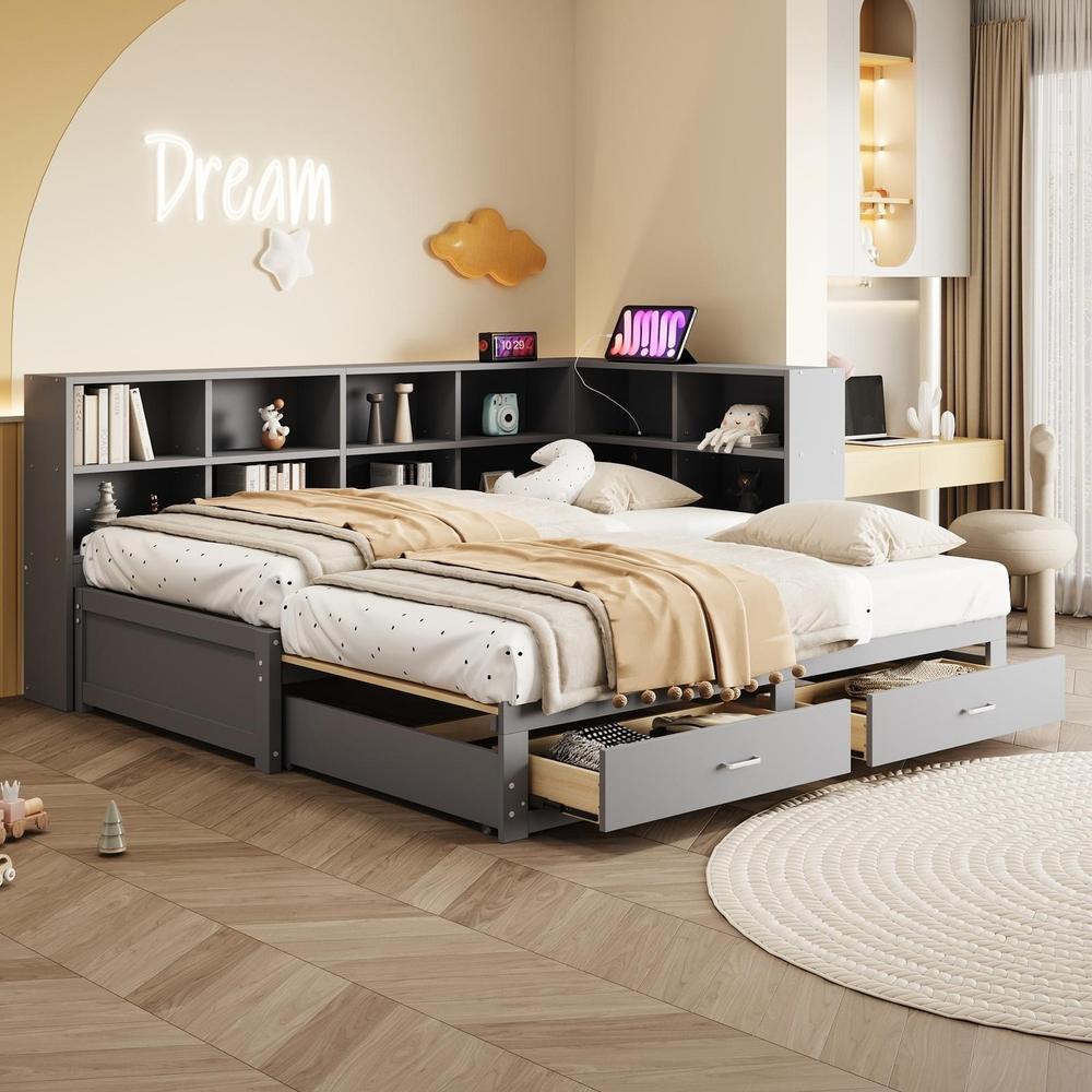 Sofá cama extensible 90x190 a 180x190 cm, cajones, enchufe, gris