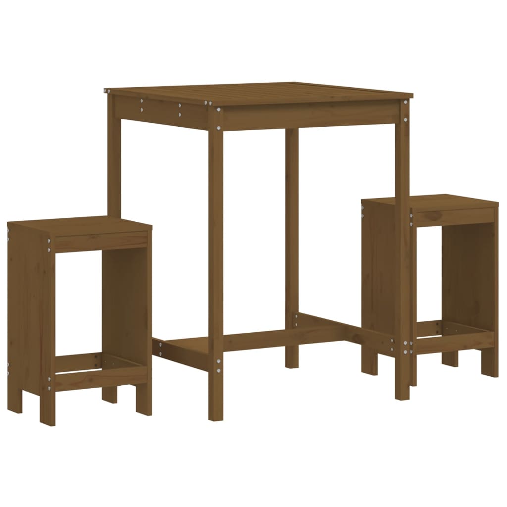 vidaXL mesa y taburetes altos de jardín 3 pzas madera pino marrón miel