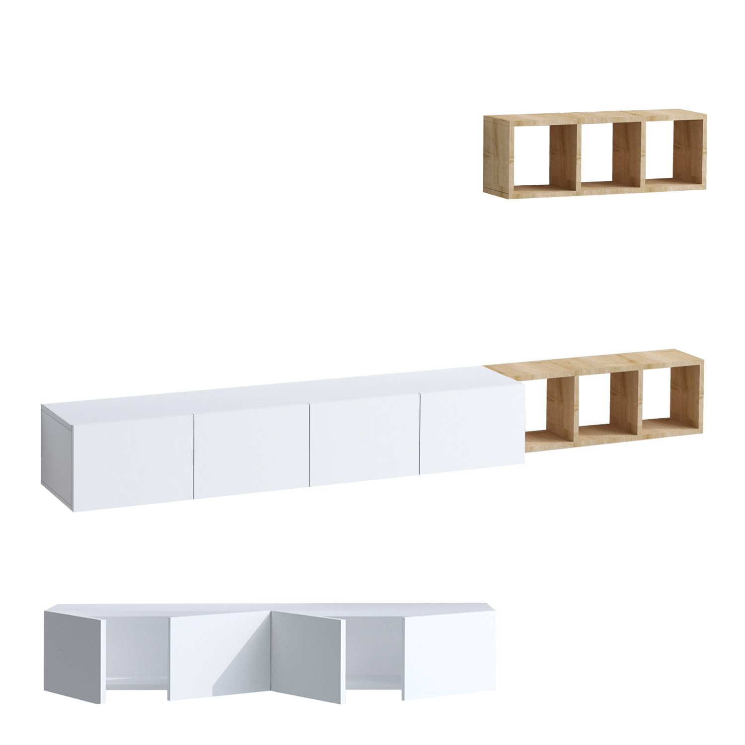 Mueble tv suspendido "pia" con estante de madera - 215 x 32 x 25 cm - blanc