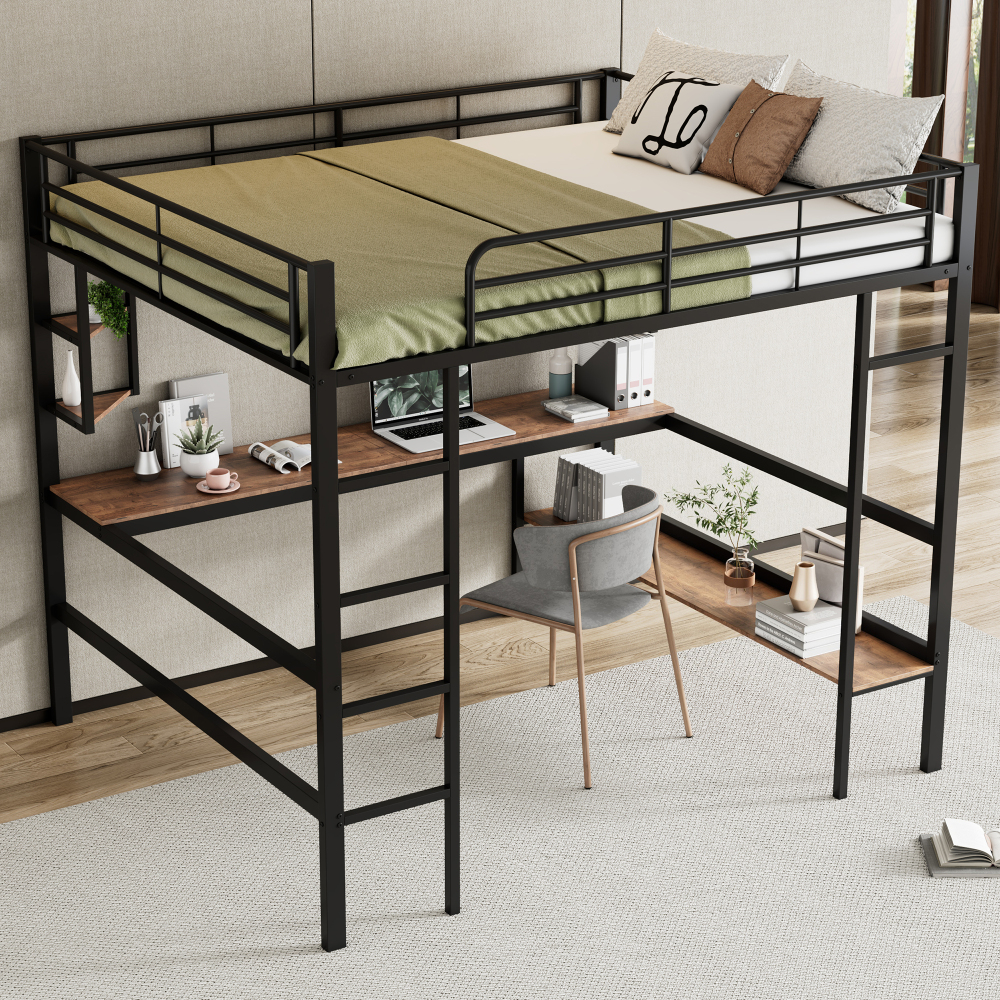 Cama alta 140x200cm con escritorio y estantería, metal y mdf – negro