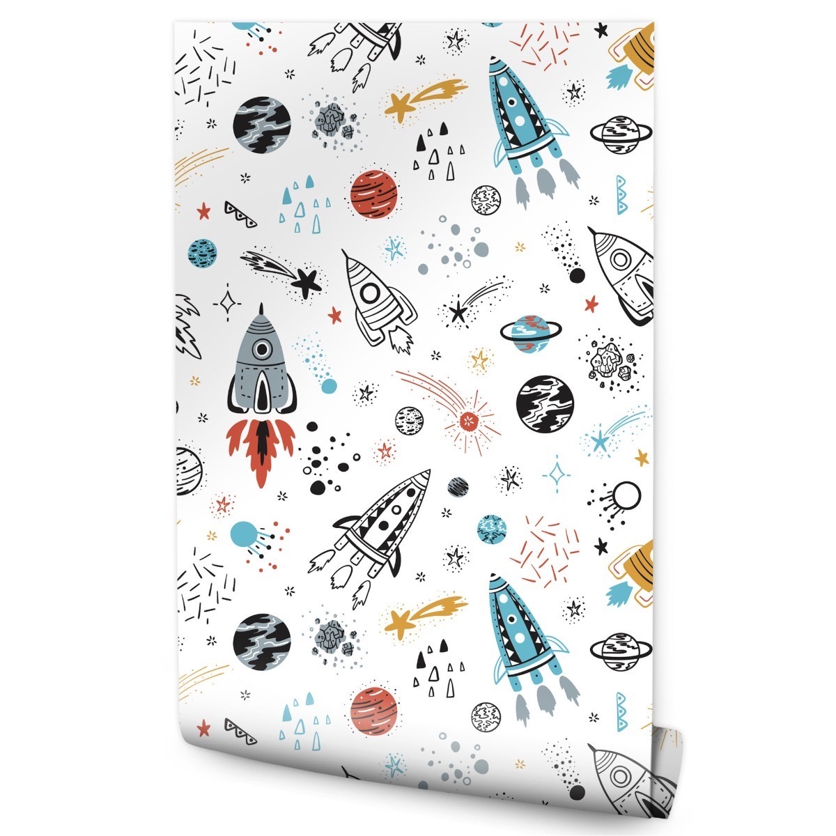 Papel Pintado Con Cohetes Cosmos Planetas Y Sol Para Niños 53cm x 10m