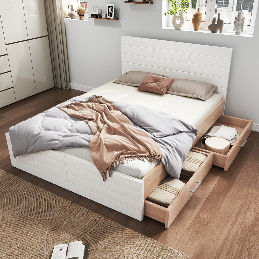 Cama doble 140x200cm con 2 cajones madera maciza y mdf – blanco y roble
