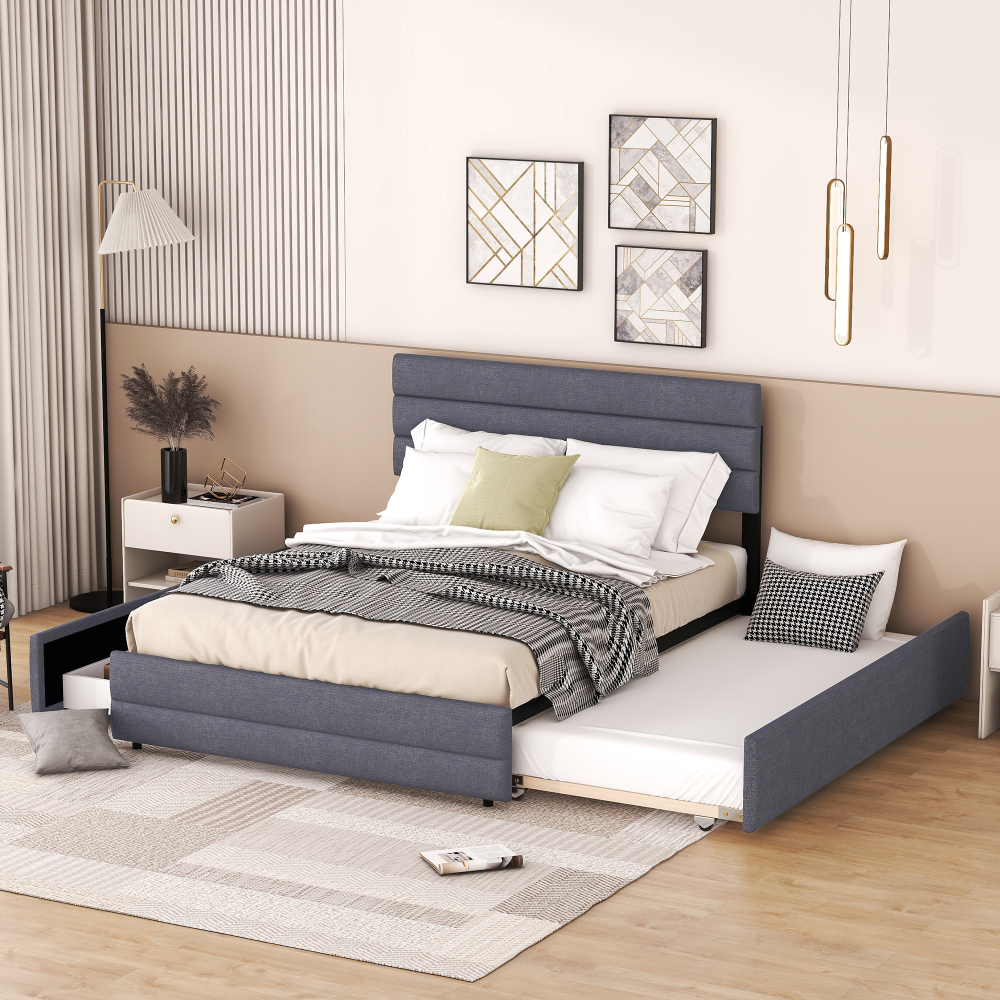 Cama tapizada 140x200 cm con cama nido y 2 cajones lino mdf – color gris