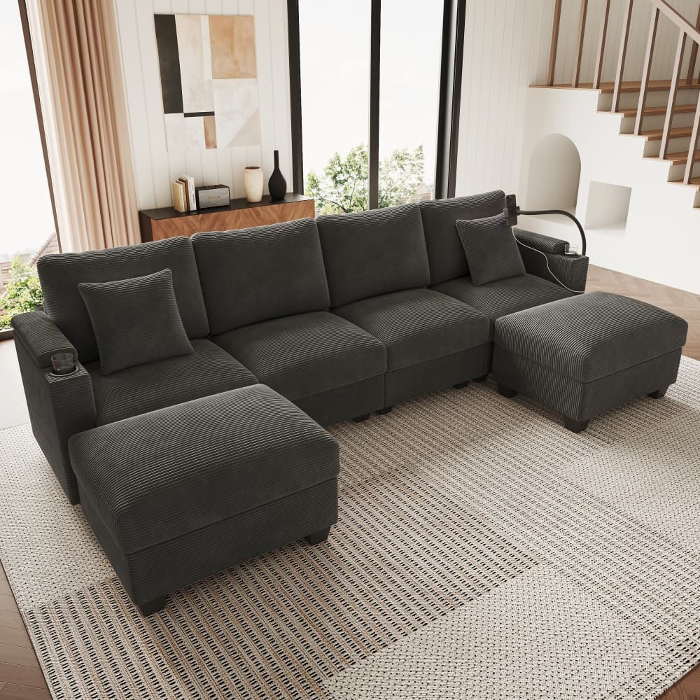 Sofá modular u pana gris 5-6 plazas con cama, usb y almacenaje