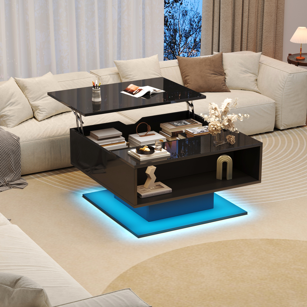 Mesa de centro elevable con LED y almacenaje negro 40x80x75cm