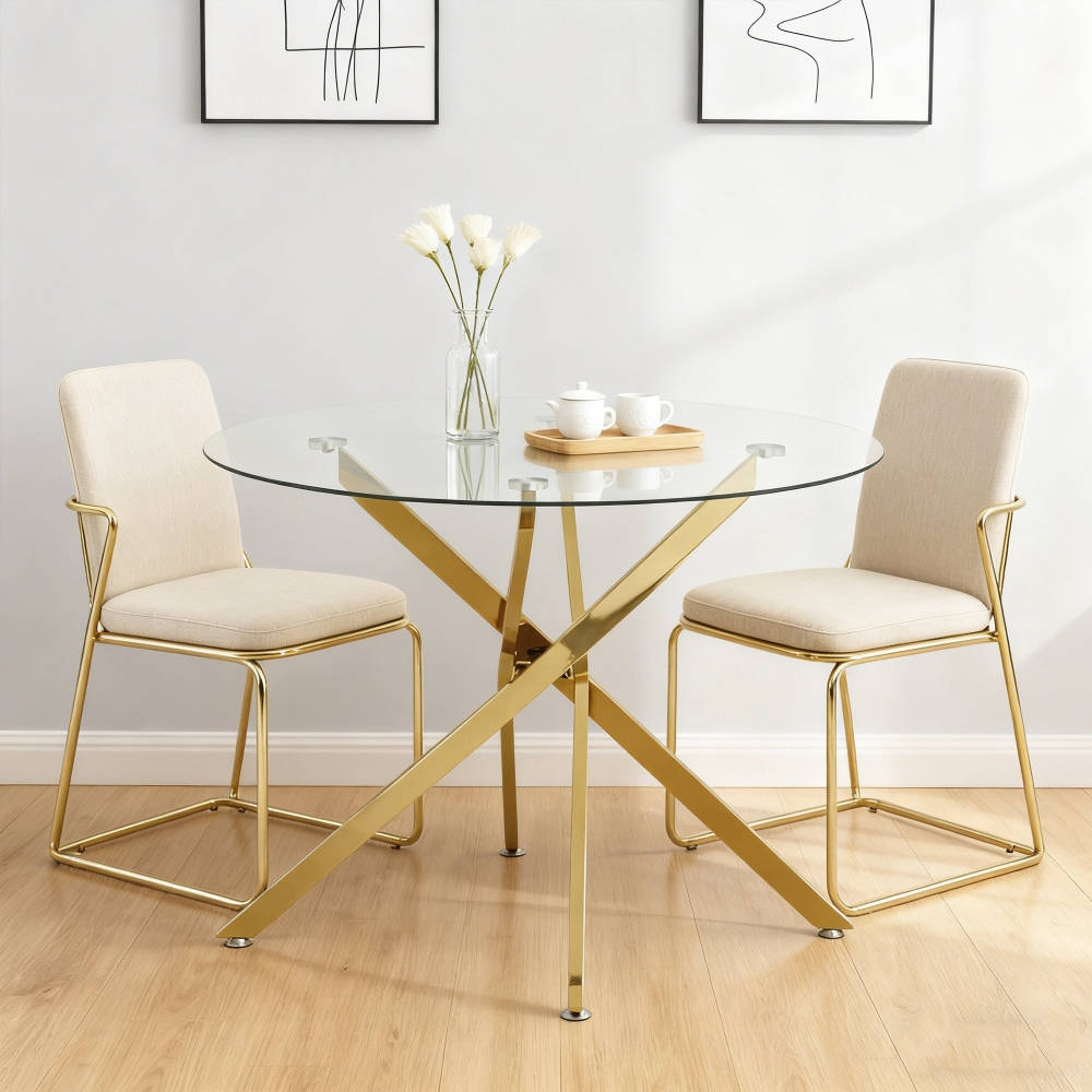 Mesa de comedor redonda cristal templado metal dorado 76x80x80cm