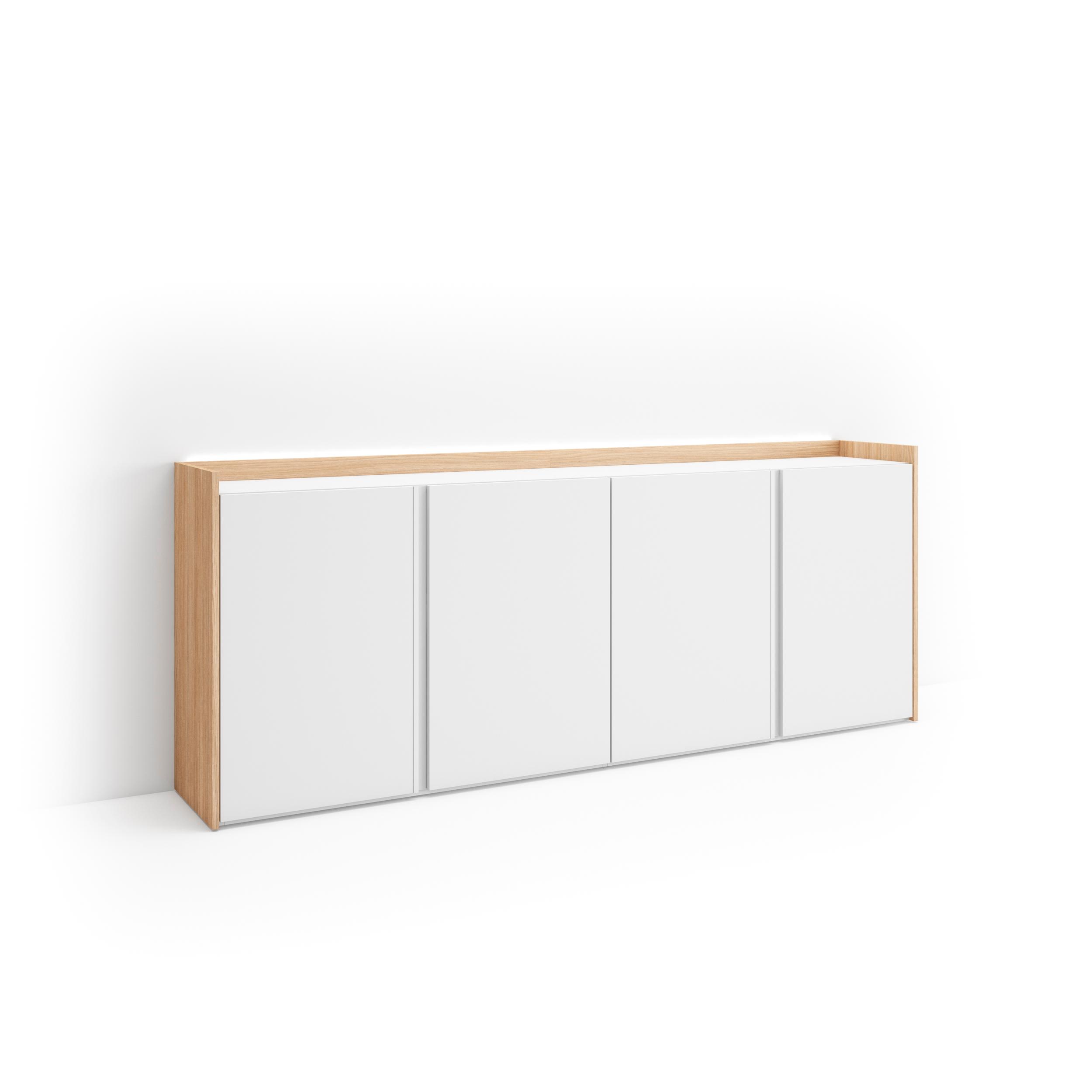 Aparador, 207x35x80cm para salón, blanco y roble soft, LED rf4720