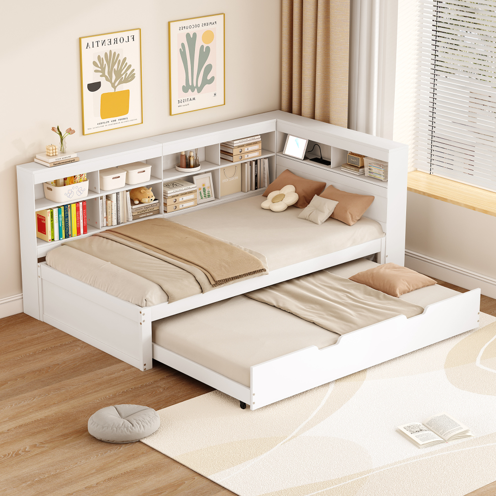 Sofá cama 90x200 cm extensible con usb y almacenaje madera – color blanco