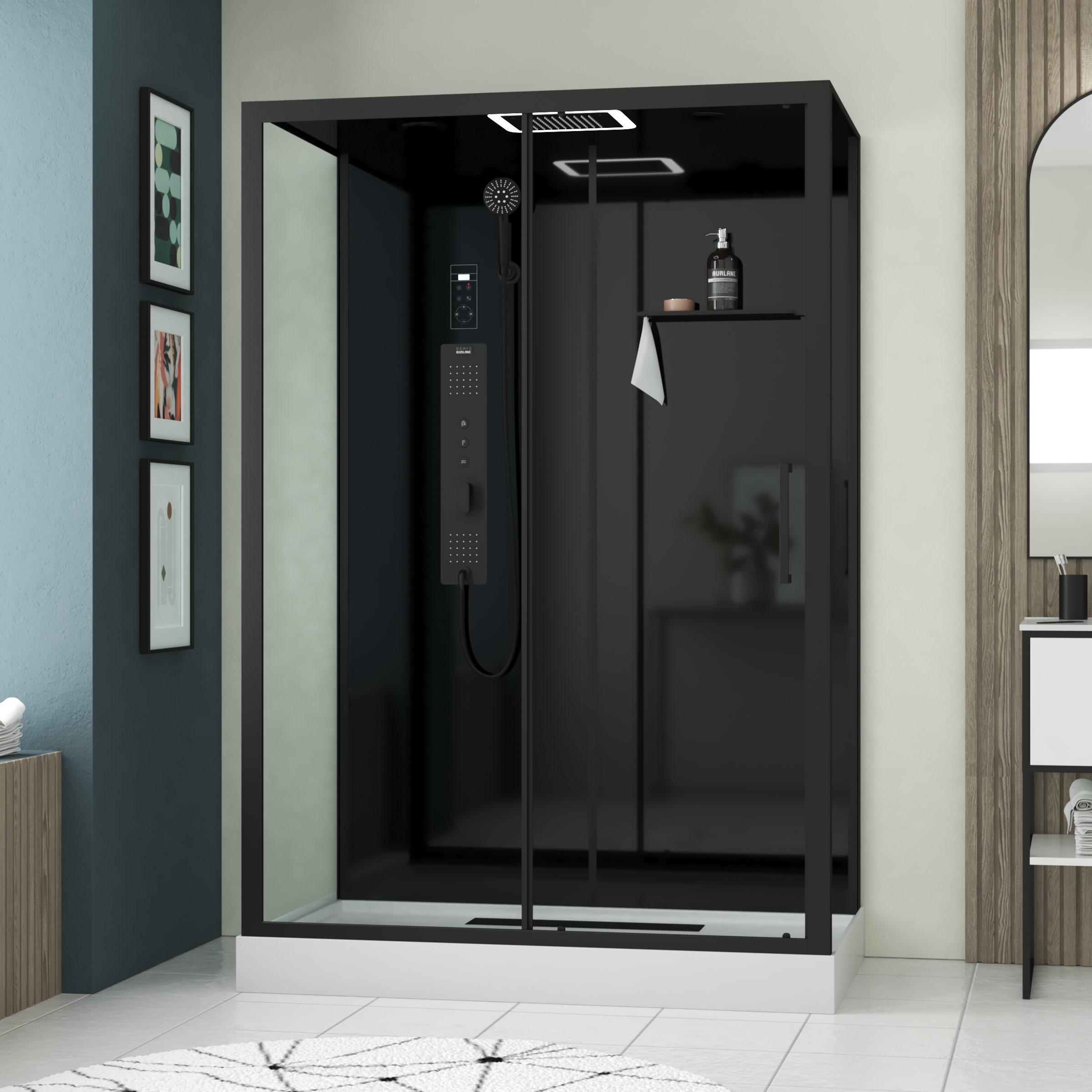 Cabina hidromasaje 140x85x218 cm corredera fondo negro mate
