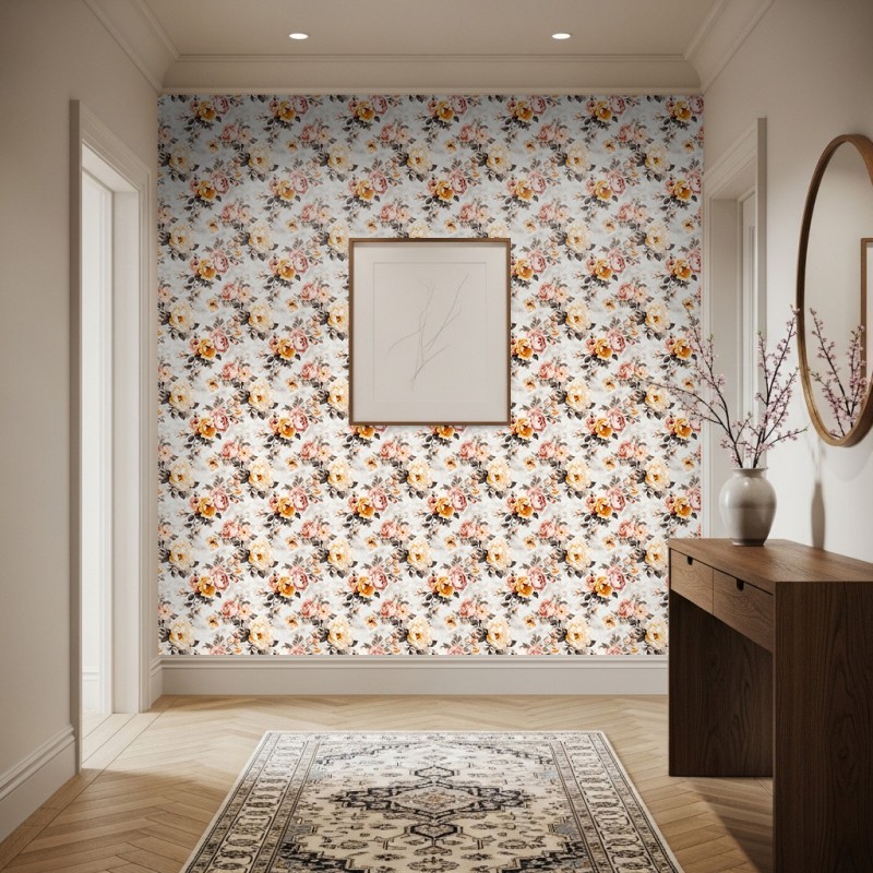 Papel floral romántico rosas vintage color amarillo oro 60cm por 300cm