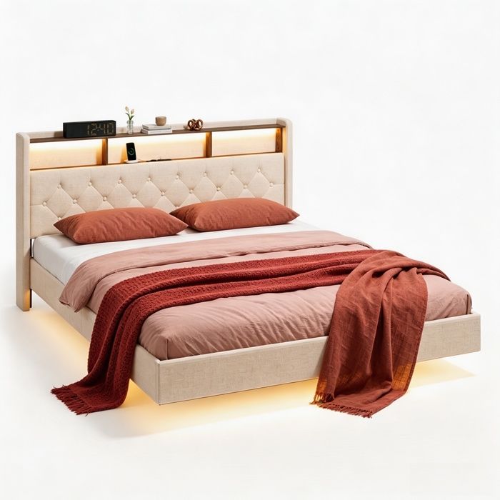 Cama tapizada beige con LED y usb - 160x200 cm