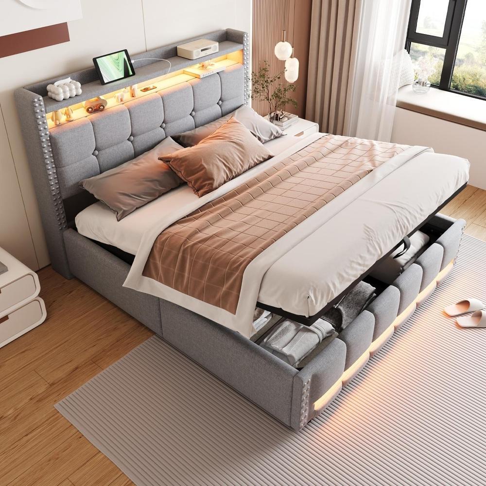 Cama doble 160x200 cm lino con LED, usb y almacenaje hidráulico