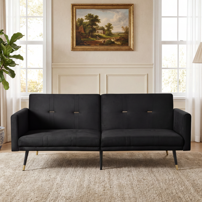 Sofá cama plegable 2 plazas terciopelo negro con respaldo ajustable