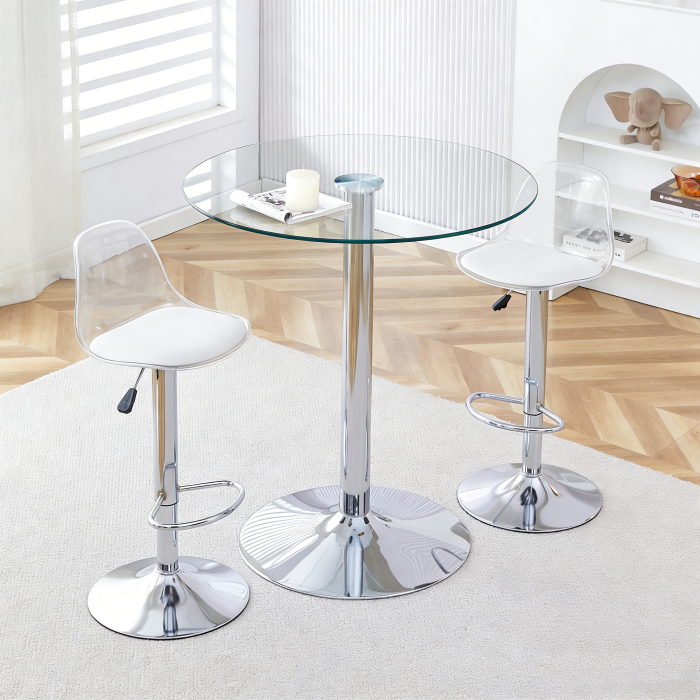 Mesa alta redonda con 2 taburetes ajustables transparente plata 89x89x89cm