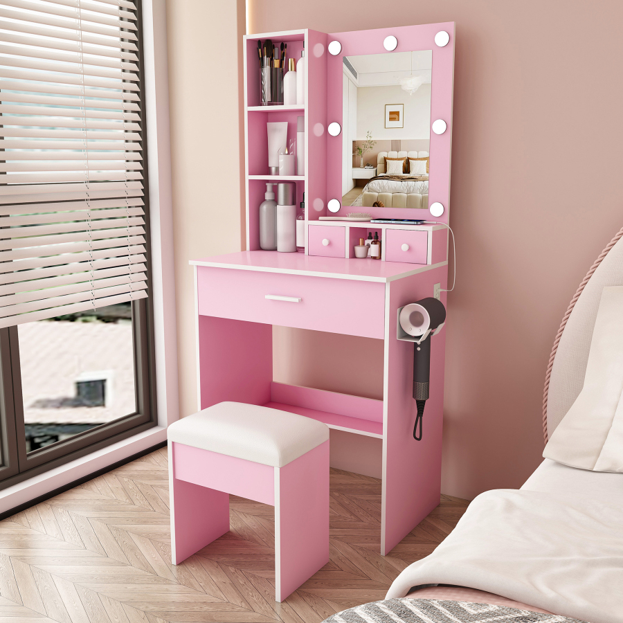 Tocador con espejo LED y taburete mdf rosa 131,5x60x38cm