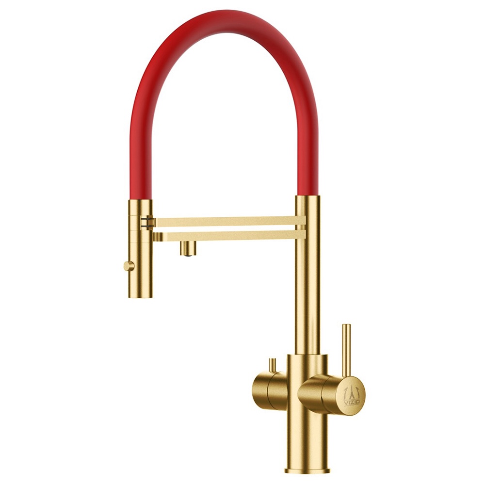 Grifo de cocina 5 vías acero inox ducha 2 chorros, pvd oro satinado/rojo