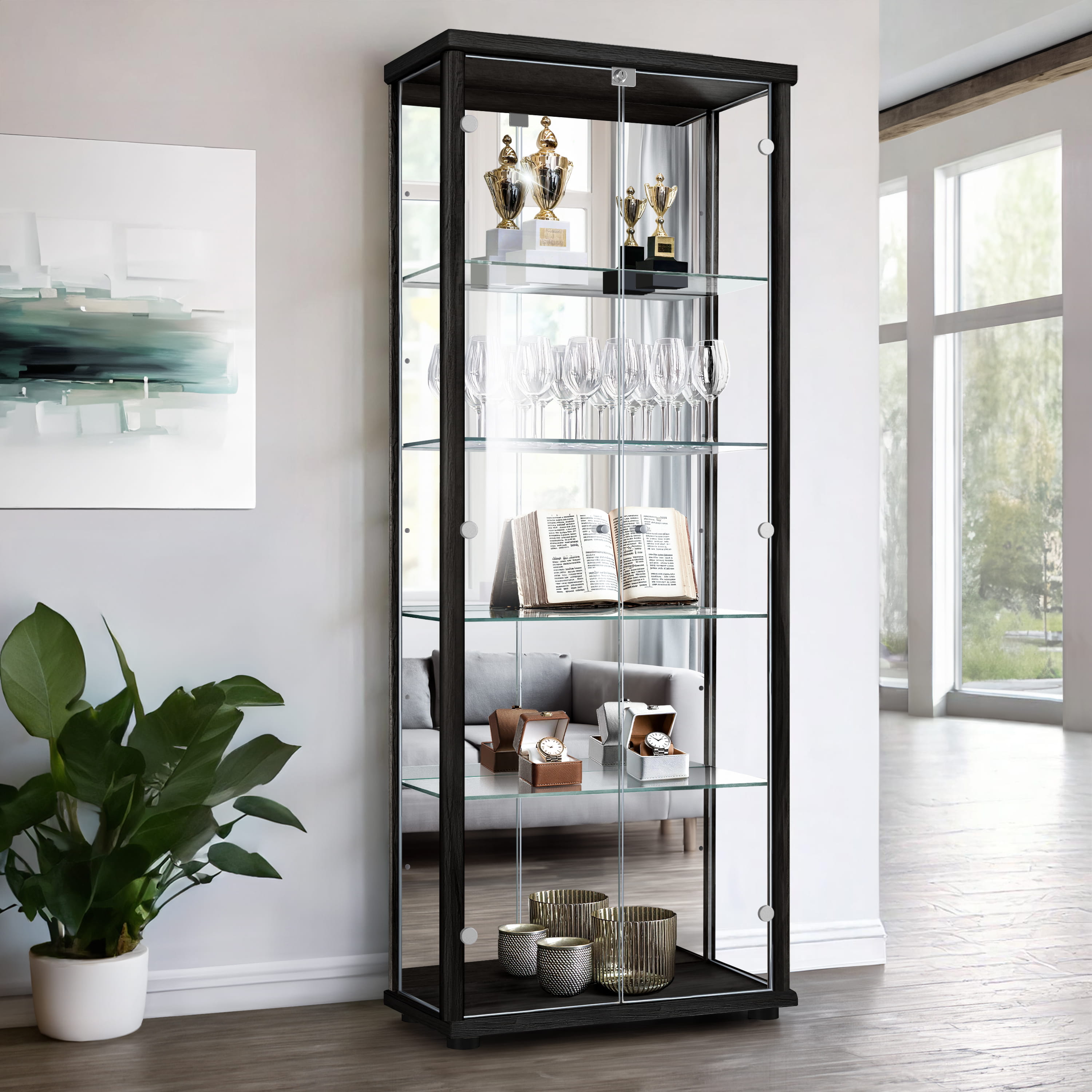 K-möbel vitrina cristal negro 176x67x33 cm con espejo, LED, cerradura