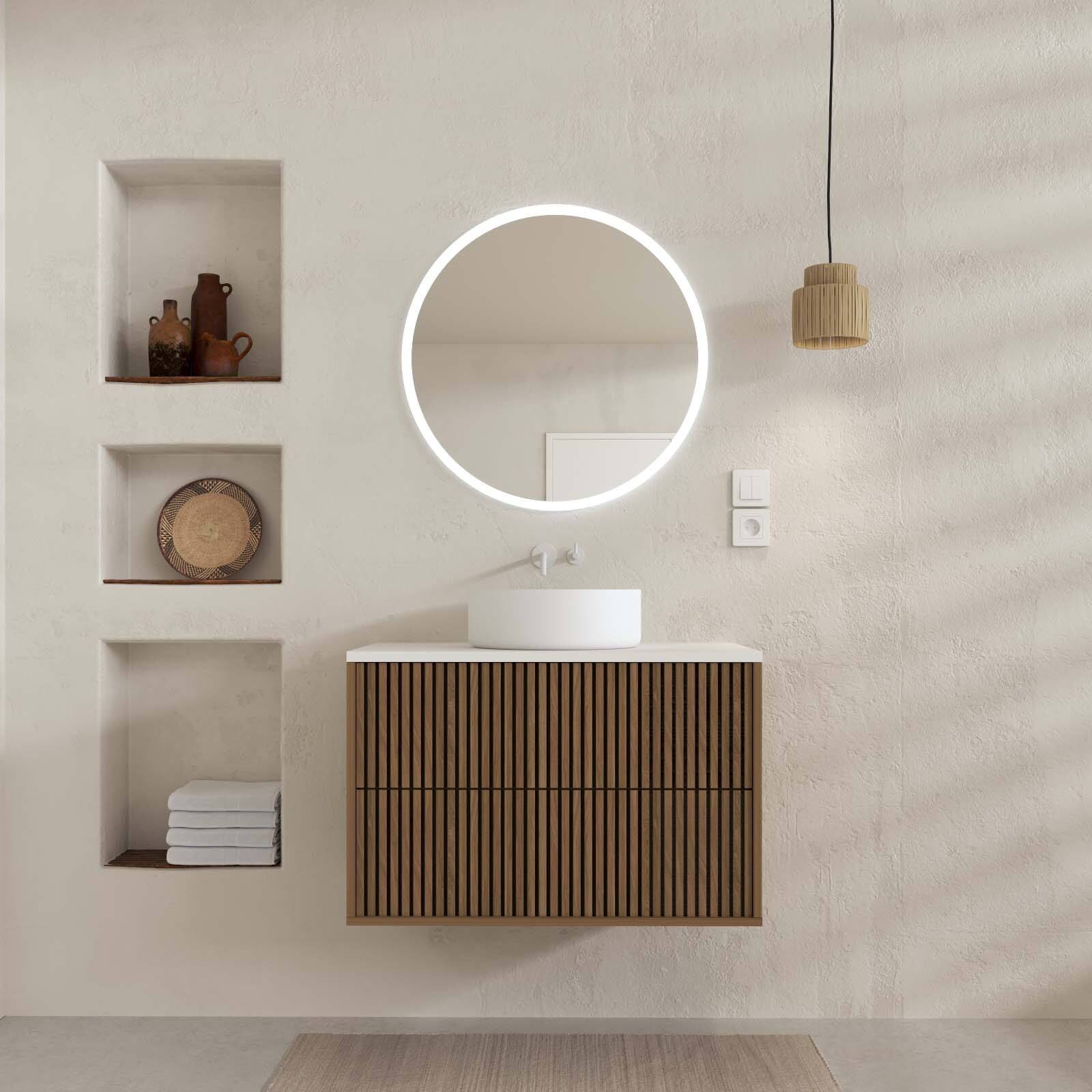 Mueble de baño 80 acanalado roble y negro - lavabo y espejo LED redondos